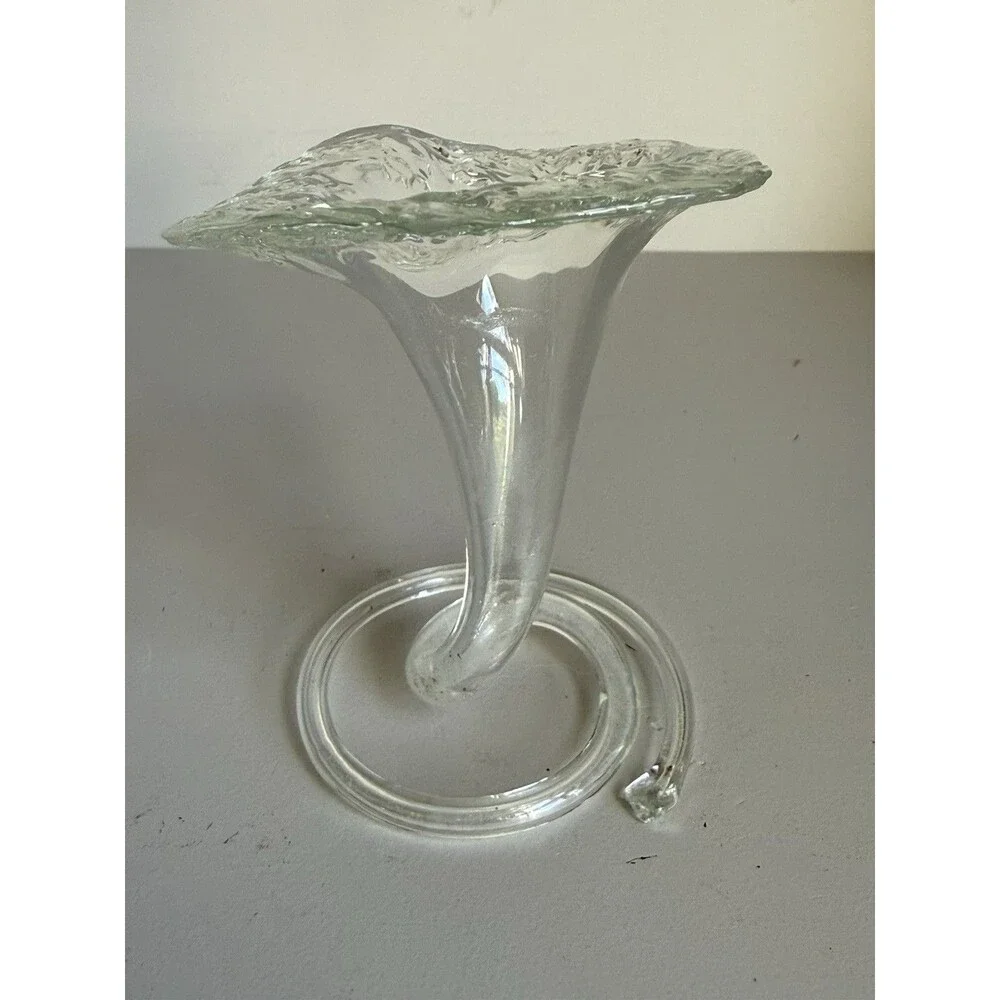 Murano Style Hand Blown Clear Glass Lily Trumpet Bud Vase Coiled Stem 3.5” Tall